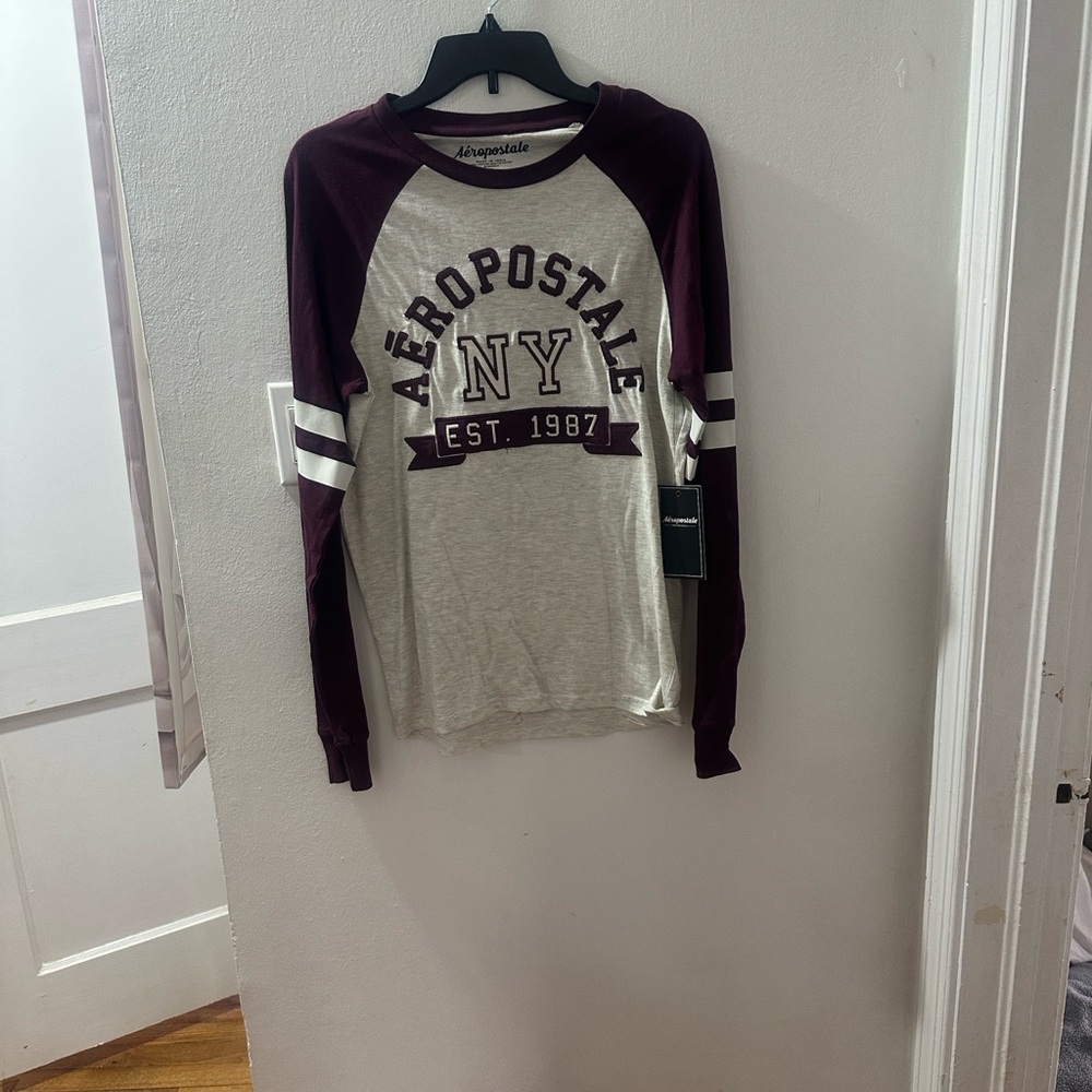Aeropostale Burgundy and Gray Long Sleeve Tee